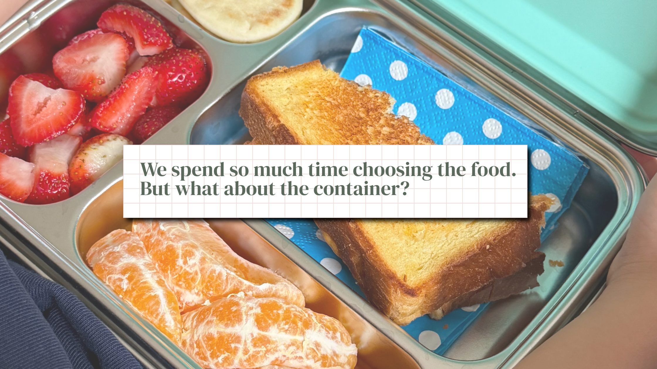 Stainless steel lunch box showing a healthy packed school lunch, highlighting food-safe lunch containers for kids in Canada