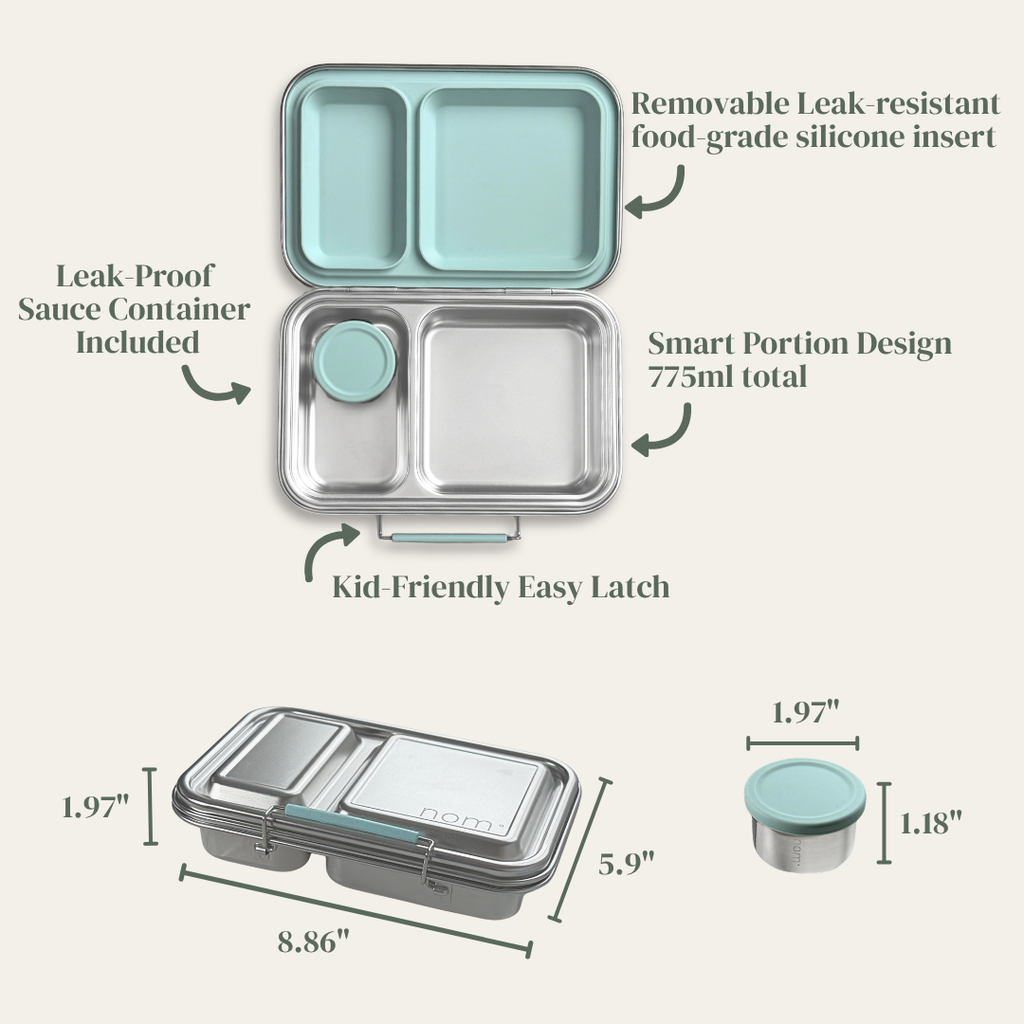 2 compartment stainless steel bento lunch box features including removable silicone insert, leak-proof sauce container, smart portion design and kid-friendly latch, nom duo