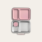 2 compartment stainless steel bento lunch box with blush pink silicone lid, simple kids lunch design with snack container, nom duo