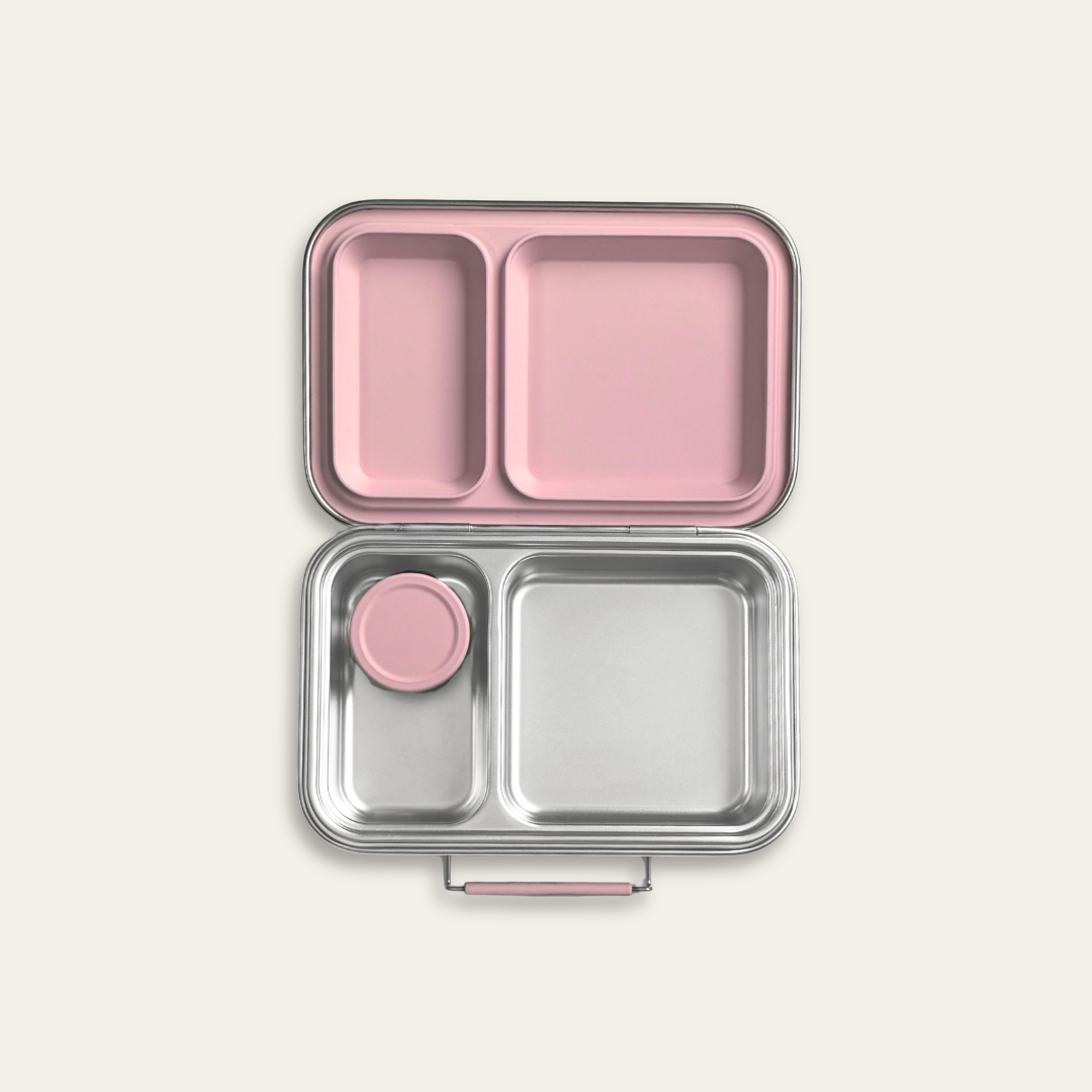 2 compartment stainless steel bento lunch box with blush pink silicone lid, simple kids lunch design with snack container, nom duo