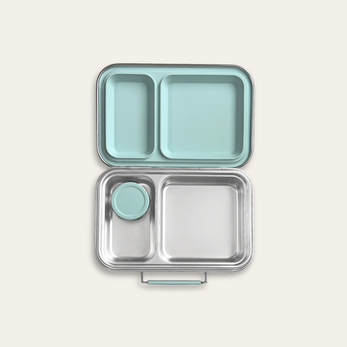 2 compartment stainless steel bento lunch box with seafoam green silicone lid, simple kids lunch design, nom duo by nom