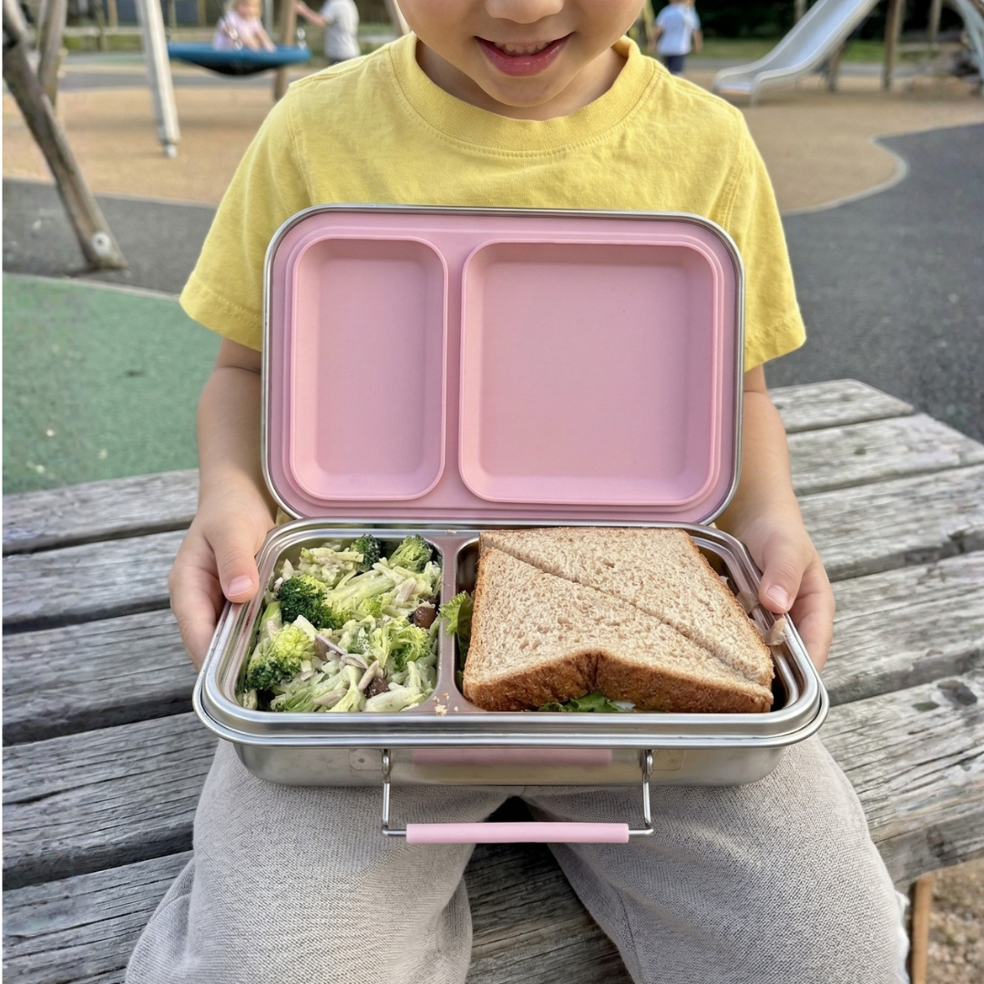 Child holding stainless steel bento lunch box with blush pink lid, simple 2 compartment meal with sandwich and vegetables, nom duo