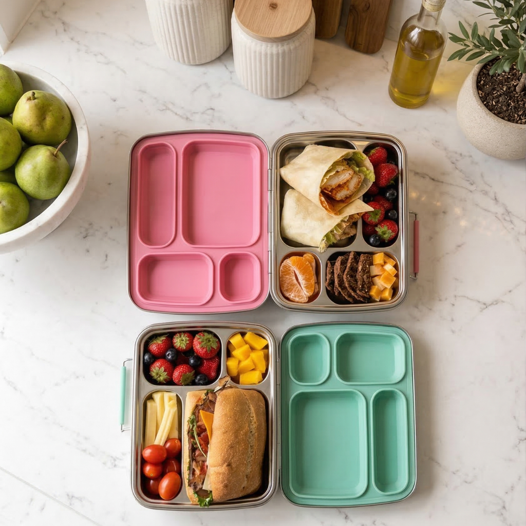 Kids stainless steel bento lunch boxes with healthy meal prep ideas, featuring mint green and bubble gum pink nom quad with fruits sandwiches and balanced portions