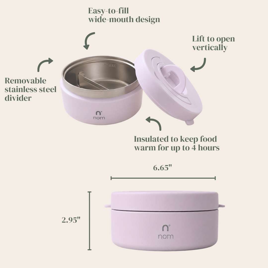 Nom To-Go stainless steel insulated food jar in lilac showing features and dimensions 6.65 x 2.95 inches, wide mouth, removable divider, keeps food warm up to 5 hours, kids school lunch Canada