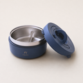 nom insulated food jar in navy blue, open to show the removable divider insert