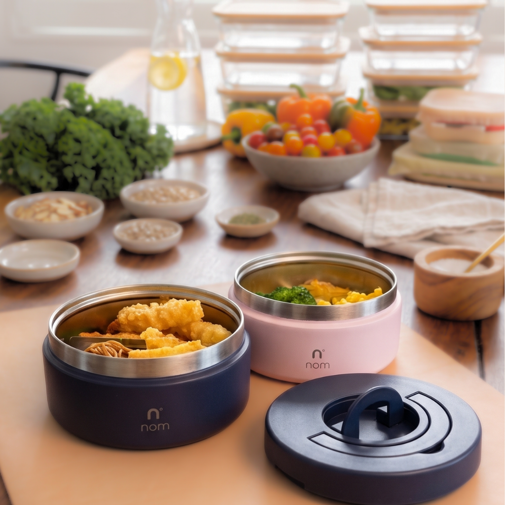 nom insulated food jar styled with a kids lunch spread