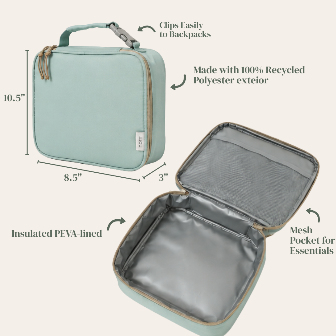 Mint green insulated lunch bag with top handle, beige zipper, and dimensions 10.5 x 8.5 x 3 inches on a beige background

Angled view of Nom insulated lunch bag in sage showing depth and storage capacity