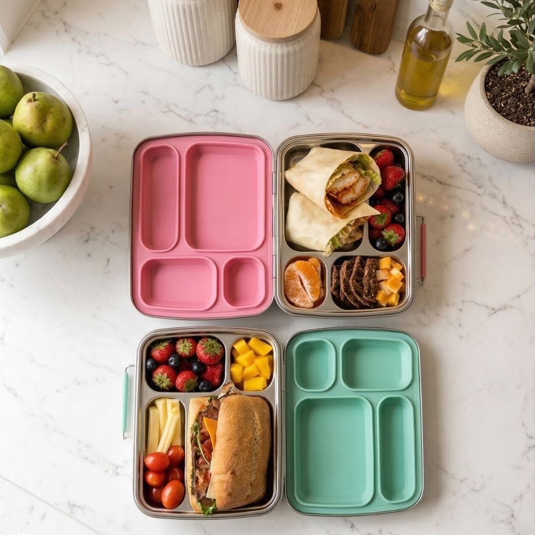 Nom Quad stainless steel lunch box packed with a balanced school lunch, featuring four bento lunch box compartments for kids