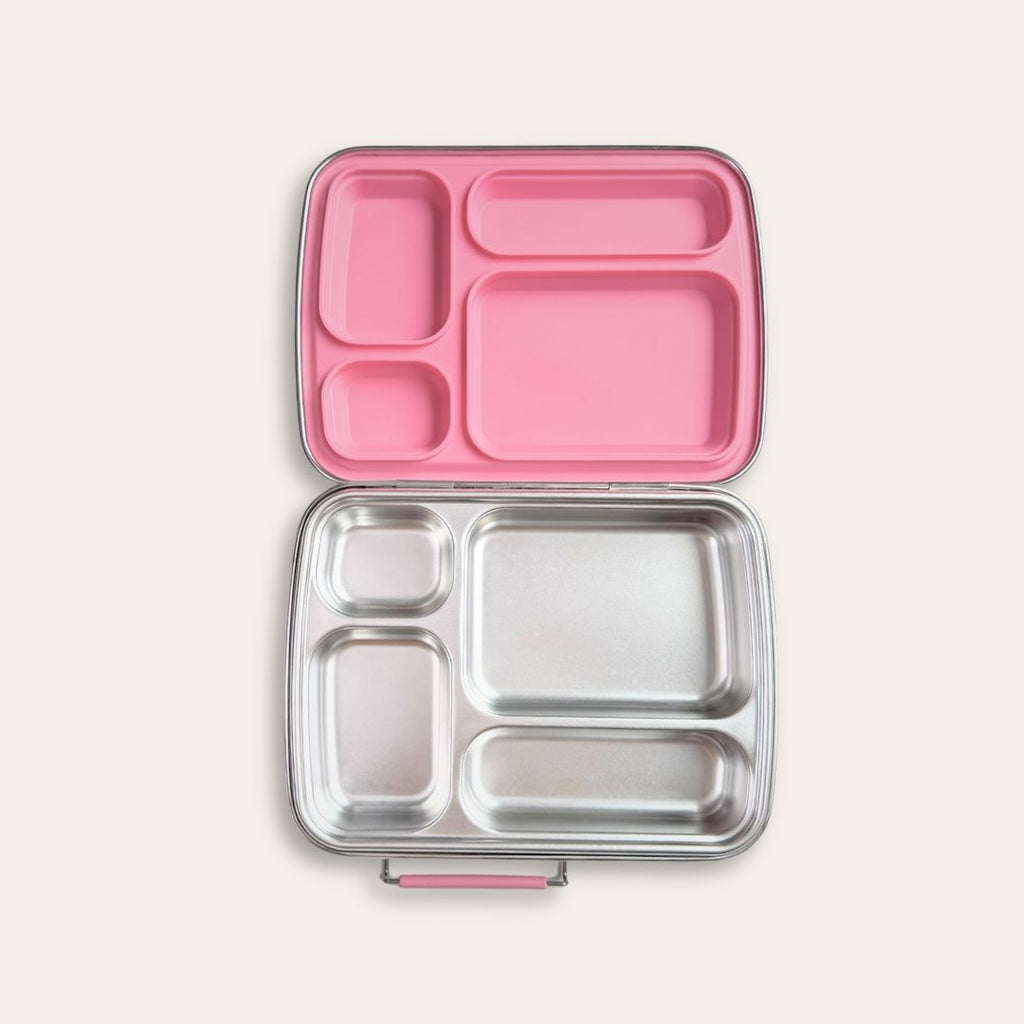 Nom Quad stainless steel lunch box with pink leak-resistant silicone lid and divided bento lunch box compartments for kids