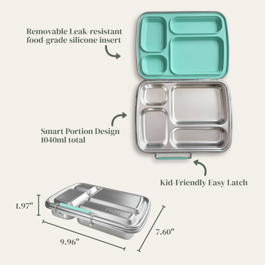 Stainless steel bento lunch box with mint green silicone insert, 4 compartment smart portion design, leak-resistant lid and kid-friendly latch, nom quad