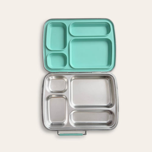Stainless steel bento lunch box with mint green silicone lid, 4 compartments, leakproof design, nom quad by nom