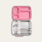 Open stainless steel bento lunch box with bubble gum pink silicone lid, 4 compartment design for kids, nom quad by nom